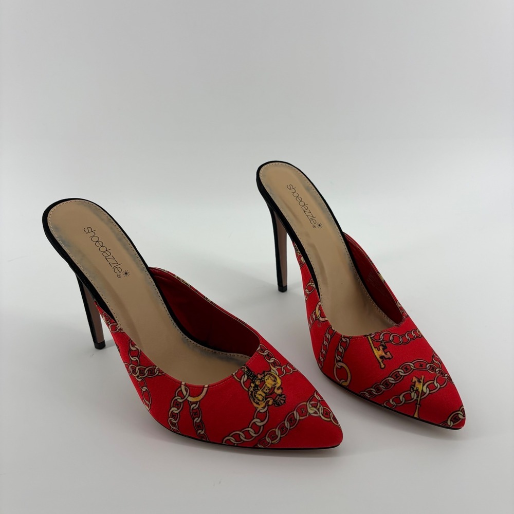 ShoeDazzle Naja Mule Heels Red Gold Chain Print Women 11 Pointed Toe Stiletto
